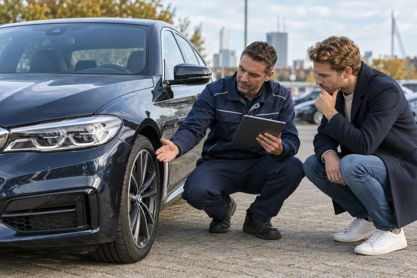 Koper en inspecteur bespreken een auto