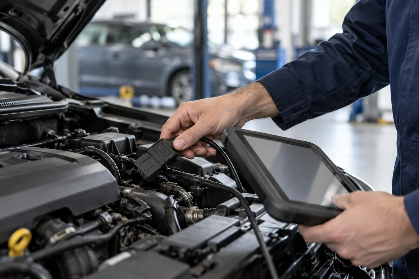 Diagnoseapparatuur bij een geopende motorkap Diagnoseapparatuur bij een geopende motorkap