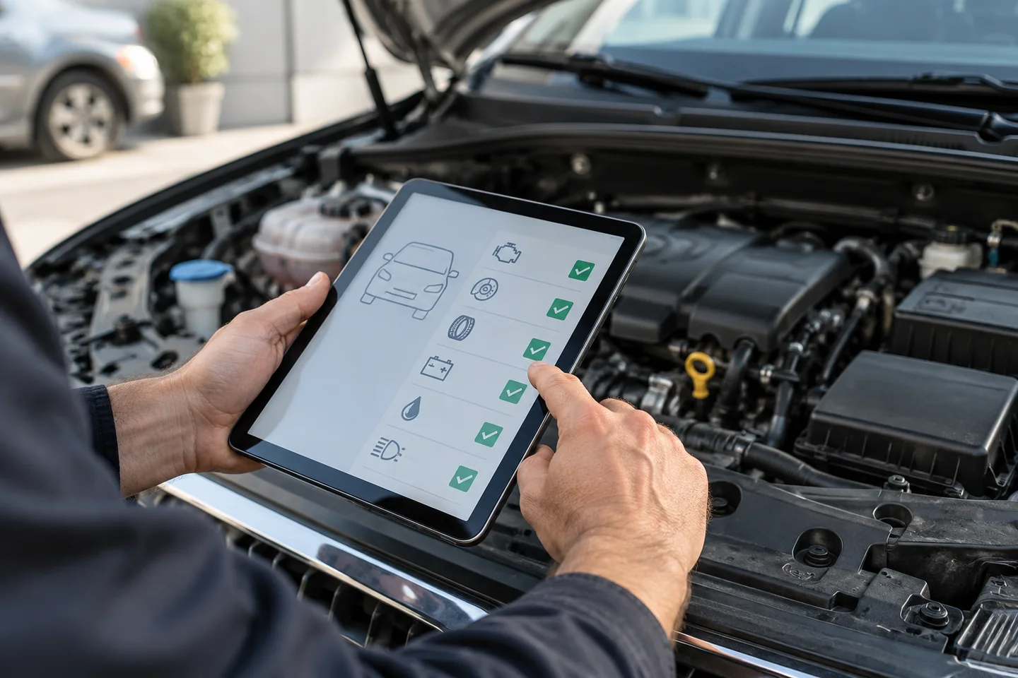 Inspectiepunten op een tablet bij een motorruimte